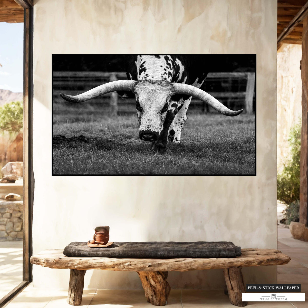 Large western wall art mural featuring Texas Longhorn design