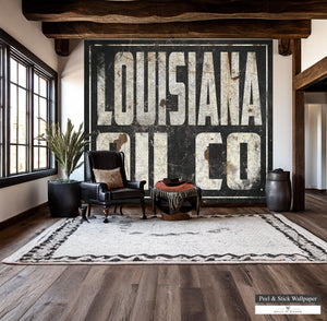 High-quality Louisiana Oil Co wallpaper in vintage industrial style for easy room transformation.