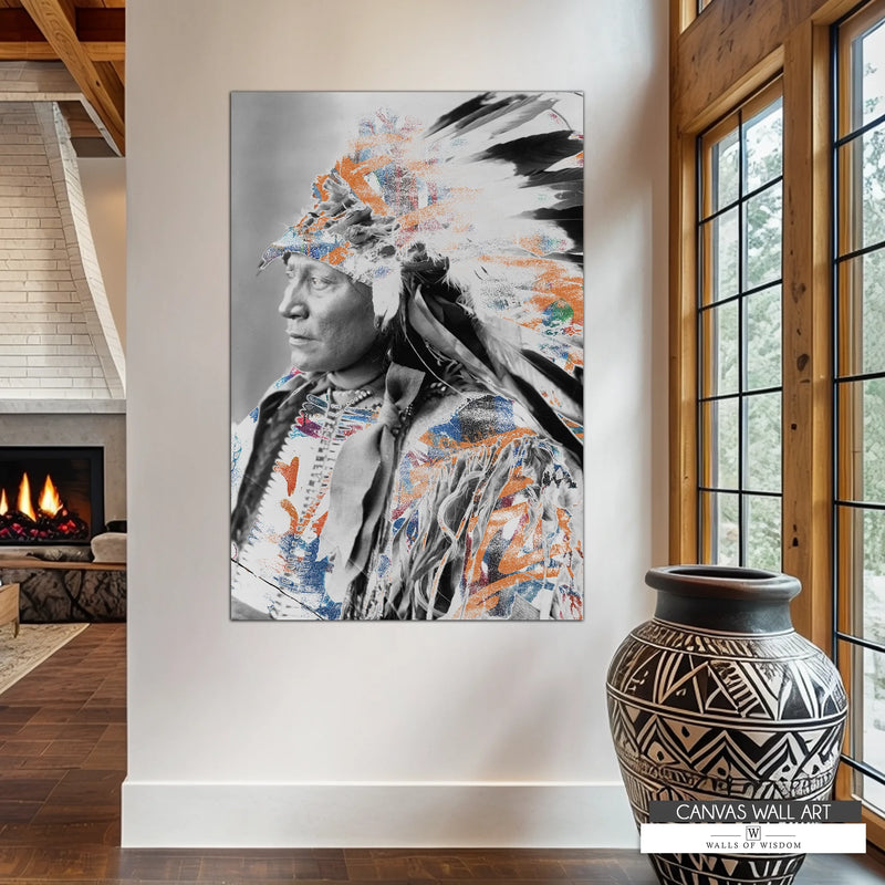 Modern cowboy-style Native American Chief canvas with bold contemporary colors over a vintage photograph.