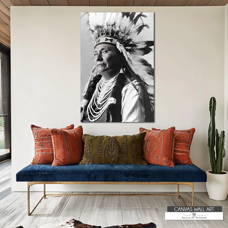 Large Native American Chief Joseph wall art in monochrome, ideal for Western and rustic decor.