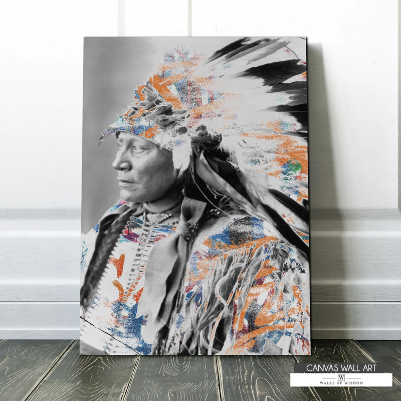 Vintage-inspired Native American portrait canvas with vibrant, bold colors for a contemporary Western aesthetic.