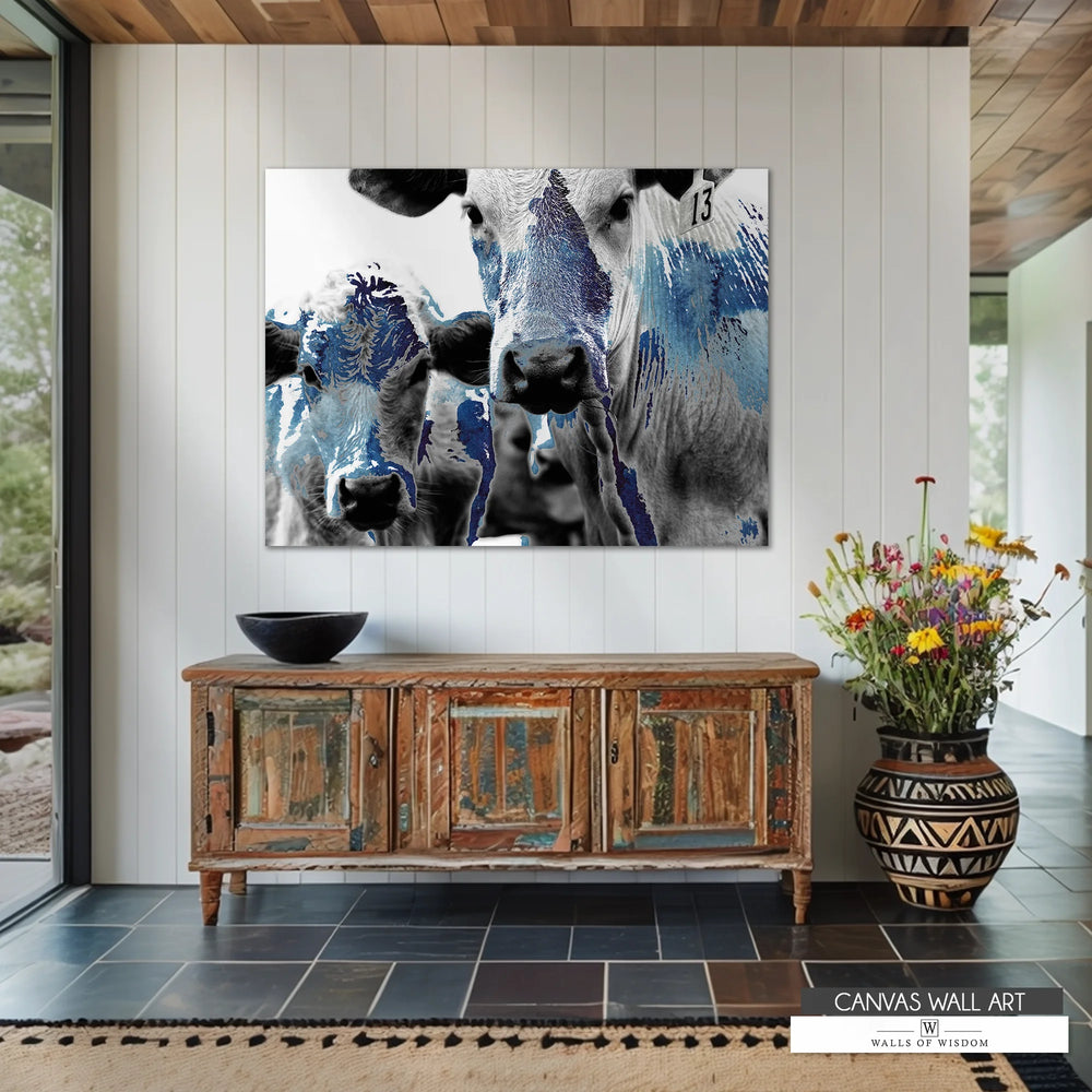 Blue watercolor cows canvas print featuring two abstract cows in a contemporary Western farmhouse style.