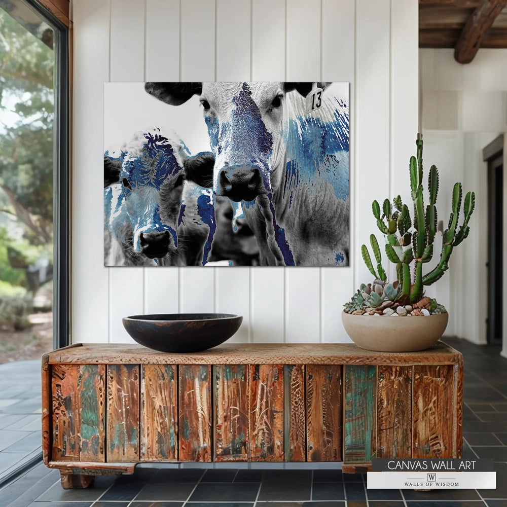 Modern cowboy-inspired watercolor cow art with deep blue hues, perfect for farmhouse and Western interiors.