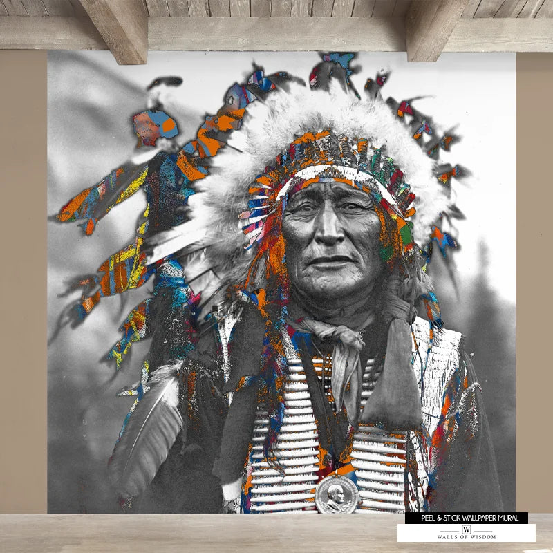 Modern cowboy decor featuring a Native American chief mural on luxurious woven textured wallpaper.