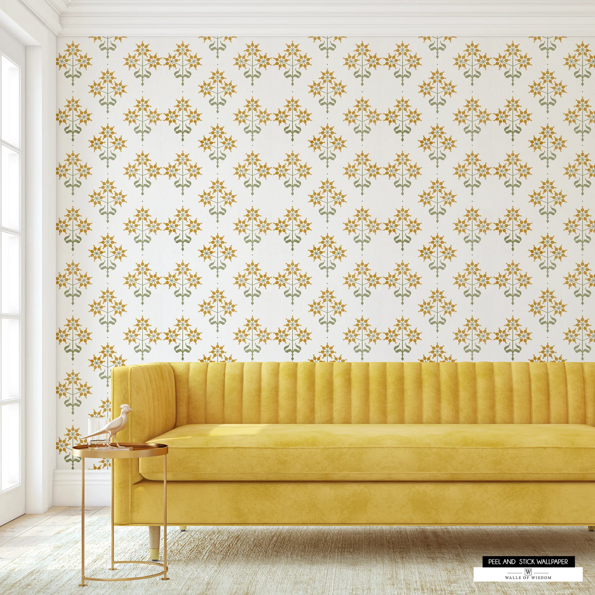 Renter-friendly wallpaper with mustard yellow floral patterns and sage accents for a cozy look.