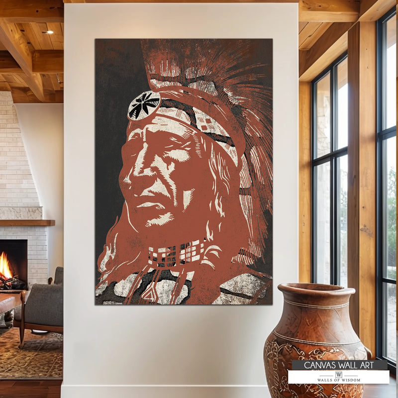 Modern Native American Chief canvas print with earthy tones, blending rustic Western and contemporary styles.