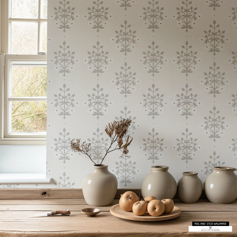 Cottage farmhouse wallpaper featuring elegant floral patterns in white, grey, and cream tones.