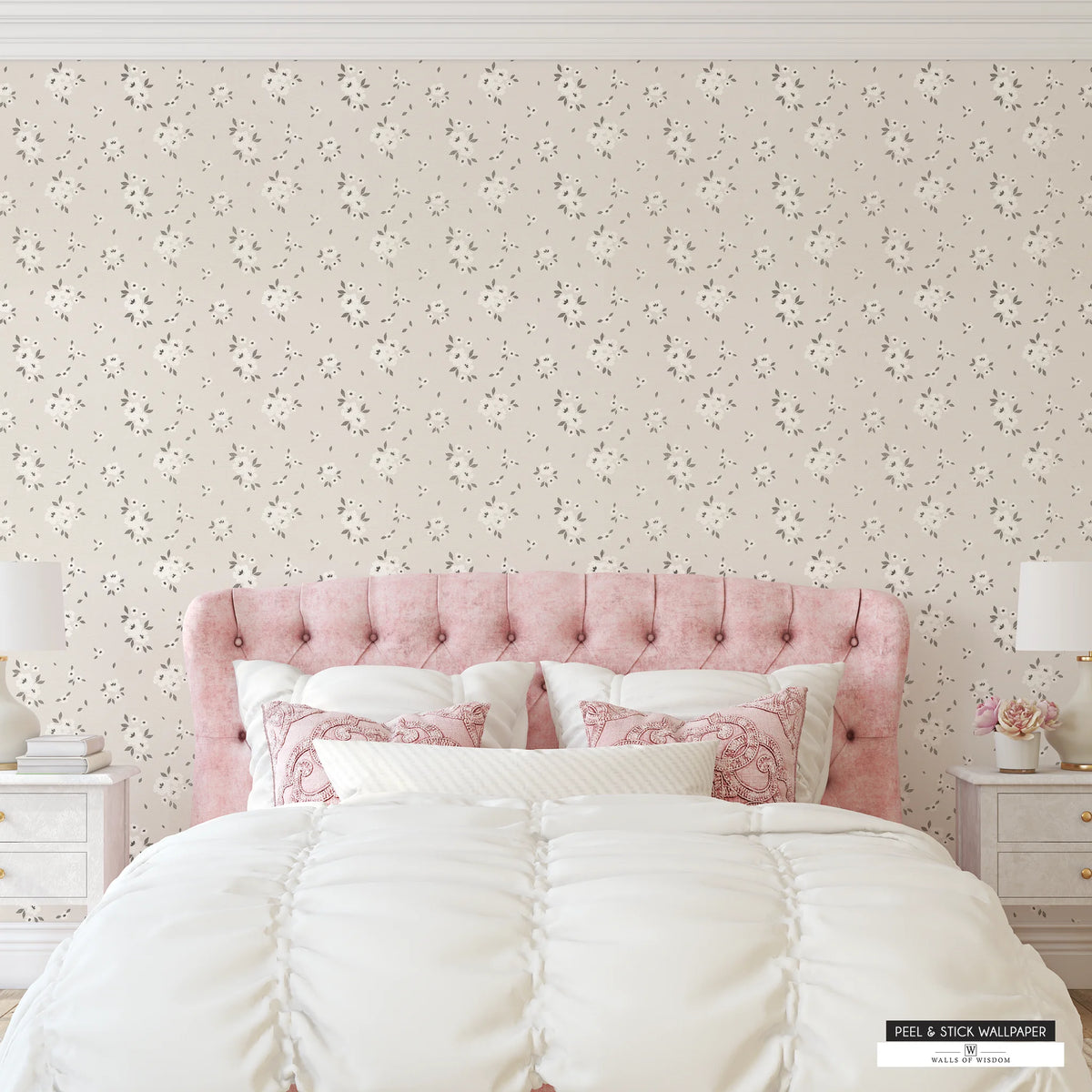 Timeless Florals wallpaper with a delicate daisy design in cream, white, and grey tones.