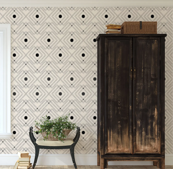 Geometric Western Wallpaper Neutral Black Cream Stars Peel and Stick