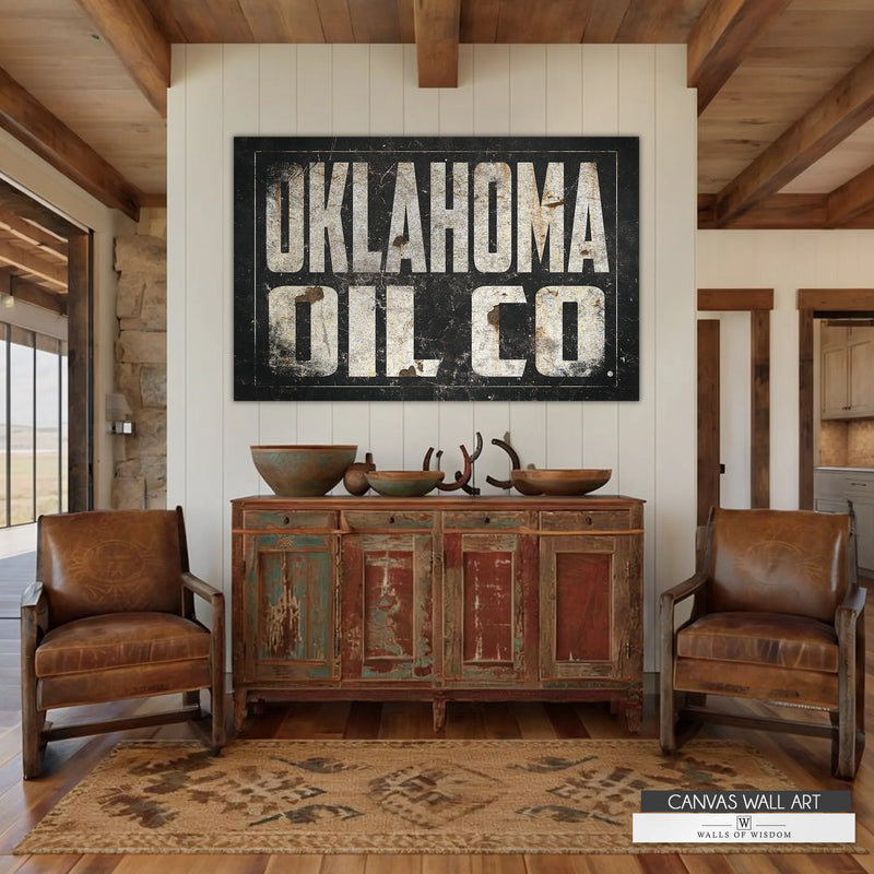 Oklahoma Oil Co. vintage canvas sign featuring distressed black metal-inspired design with bold lettering.