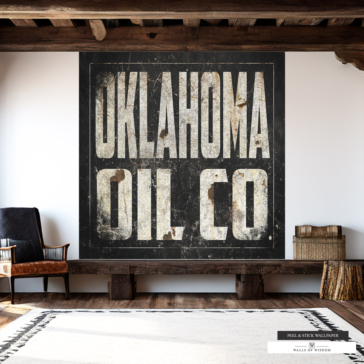Vintage Oklahoma Oil Co wallpaper mural with distressed black metal background.