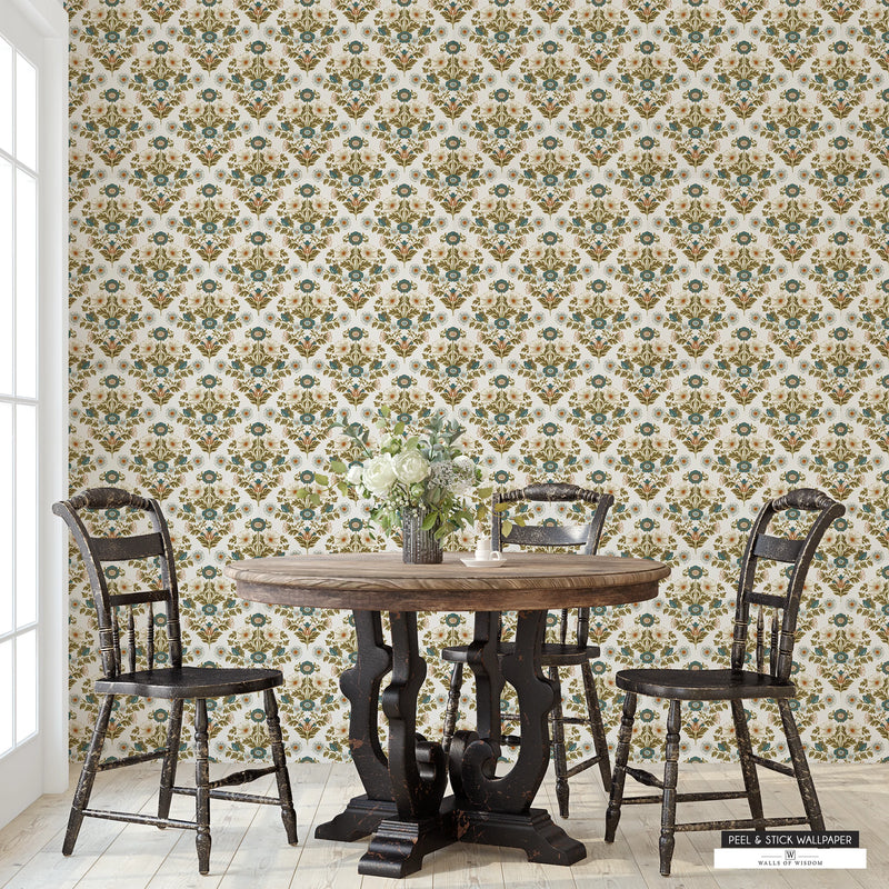 Country cottage floral wallpaper with a 70s-inspired maximalist design.