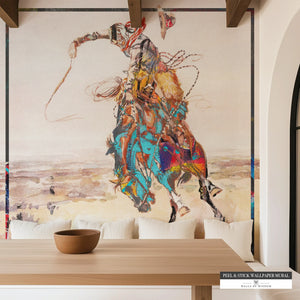 Abstract cowboy riding a bucking bronc mural for modern Western decor