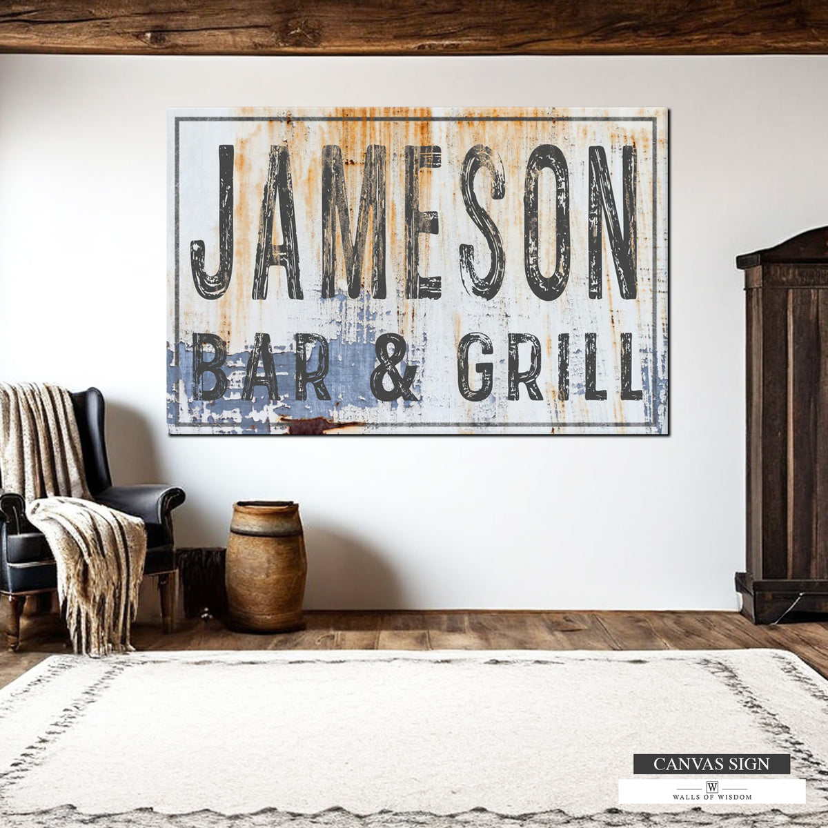 Customizable Rustic Bar Sign with Distressed White Metal-Look Canvas