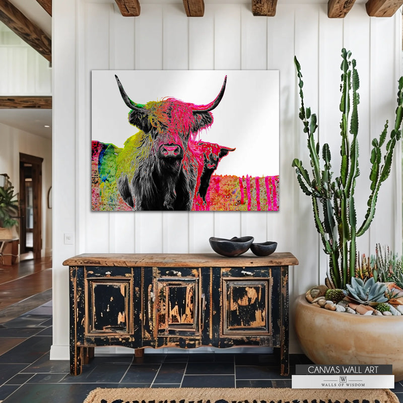 Pink Cow Western Art Highland cow canvas art with bold Western and boho flair, perfect for bright eclectic spaces.