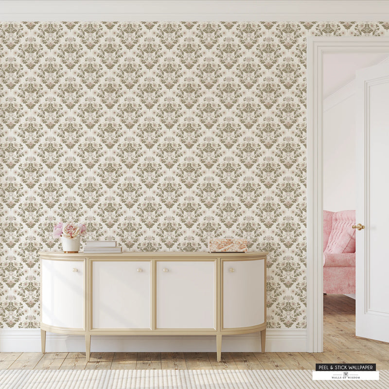 Countryside Blossom White peel and stick wallpaper with cream, sage green, and muted pink floral accents.