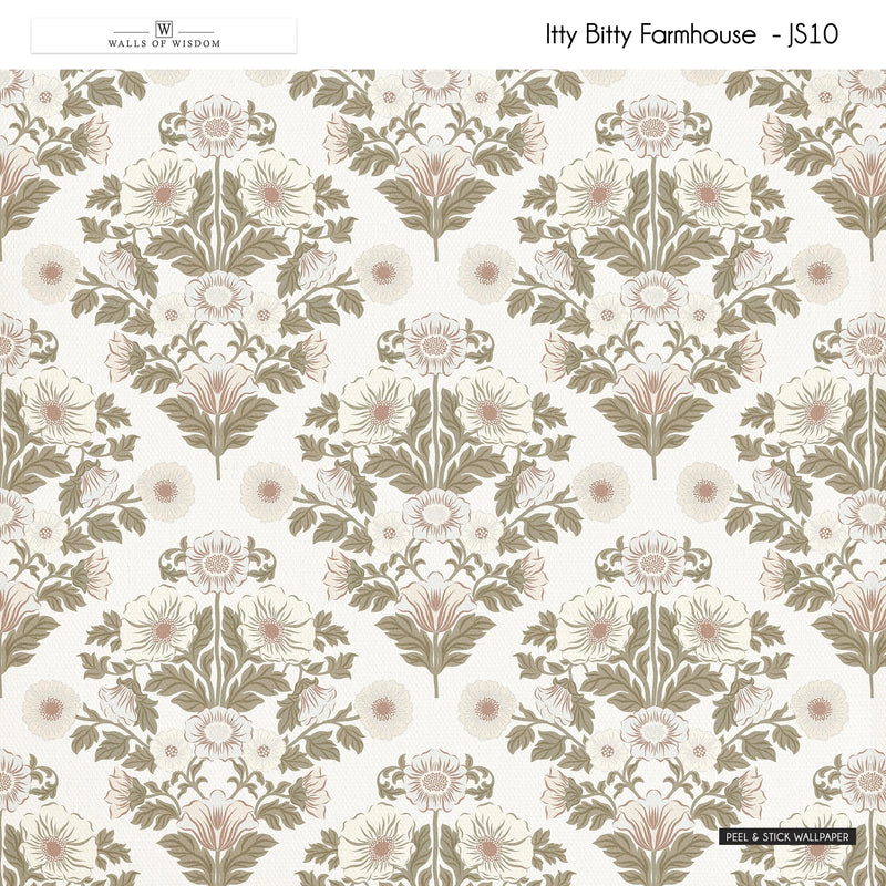 Renter-friendly wallpaper with muted floral block patterns in cream and soft pink tones.