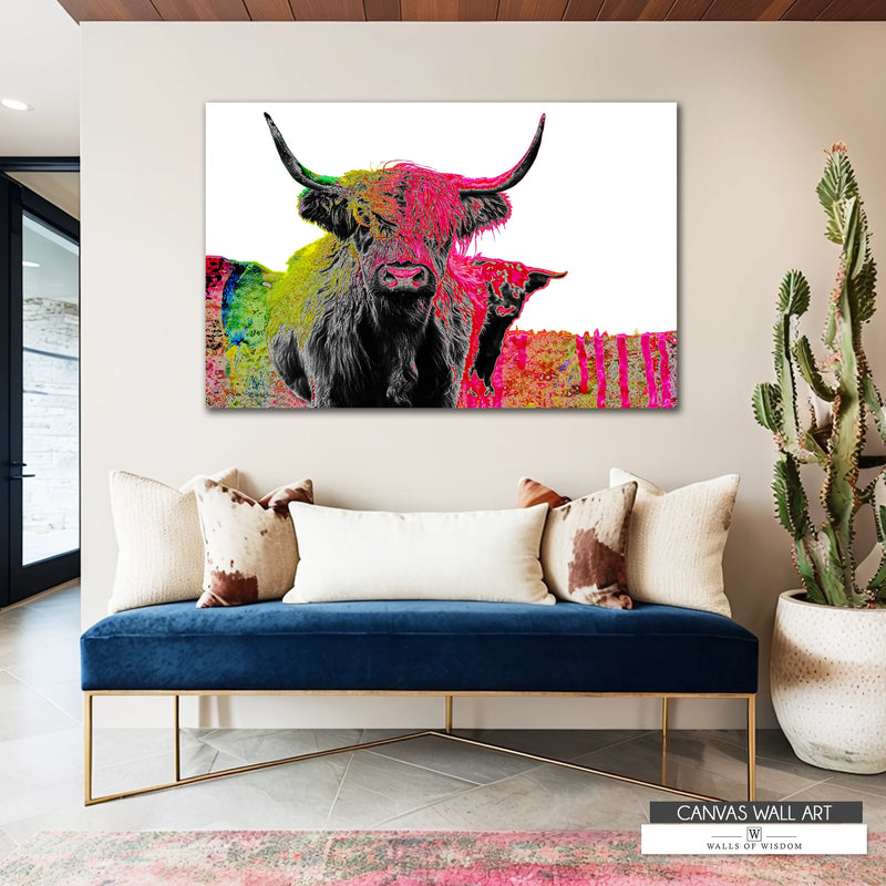 Vibrant pink and green Highland cow canvas art with bold Western and boho flair, perfect for bright eclectic spaces.