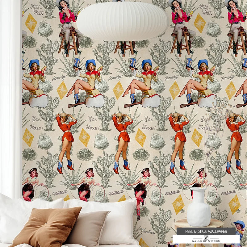 Peel and stick disco cowgirl wallpaper with a rustic Old West aesthetic.
