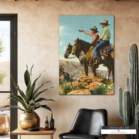 Rustic cowboy canvas print depicting two cowboys navigating the Old West in warm earthy hues and textured details. This vintage Western artwork adds timeless Western charm to walls.