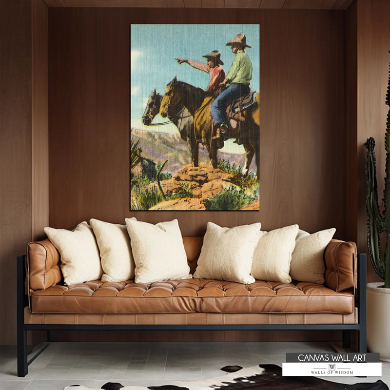 Rustic cowboy canvas print depicting two cowboys navigating the Old West in warm earthy hues and textured details. This vintage Western artwork adds timeless Western charm to walls.