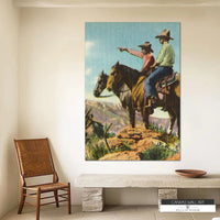 rail Rangers cowboy wall art, a gallery-wrapped canvas print showcasing two cowboys riding across the frontier. A perfect vintage Western decor piece for ranch homes, rustic offices, and country-style living rooms.