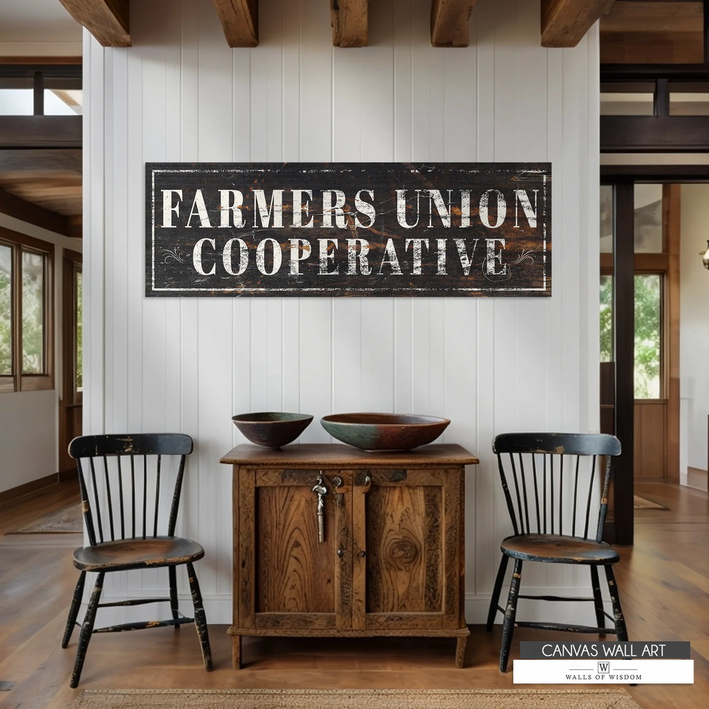 Distressed Western decor canvas print with a nostalgic Farmers Union design, perfect for farmhouses.