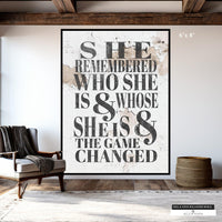 She remembered who she was" motivational quote wall art in warm beige tones