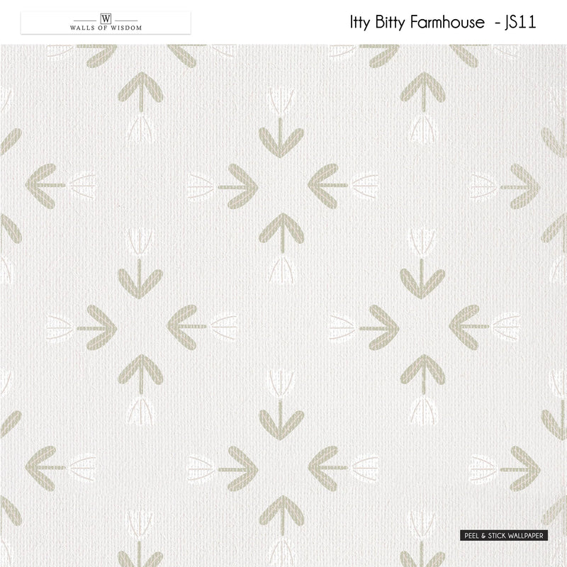 Renter-friendly wallpaper with muted tulip patterns in cream and grey-green tones.