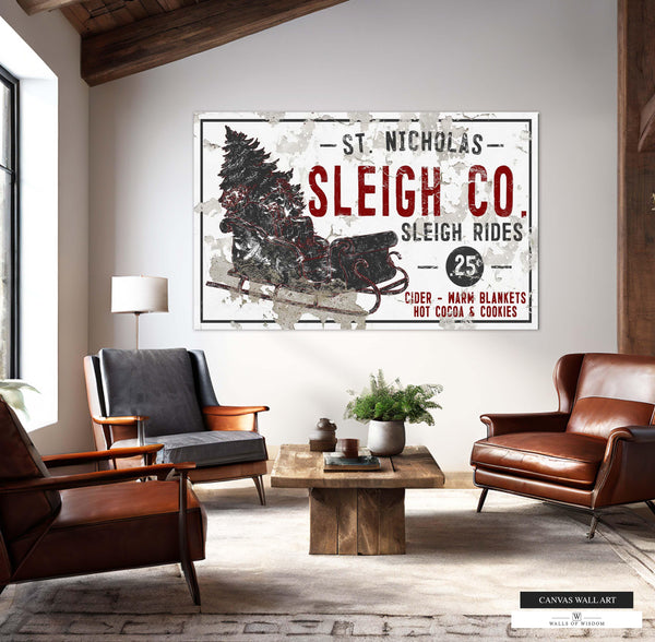 Vintage-inspired farmhouse wall decor with sleigh rides text.