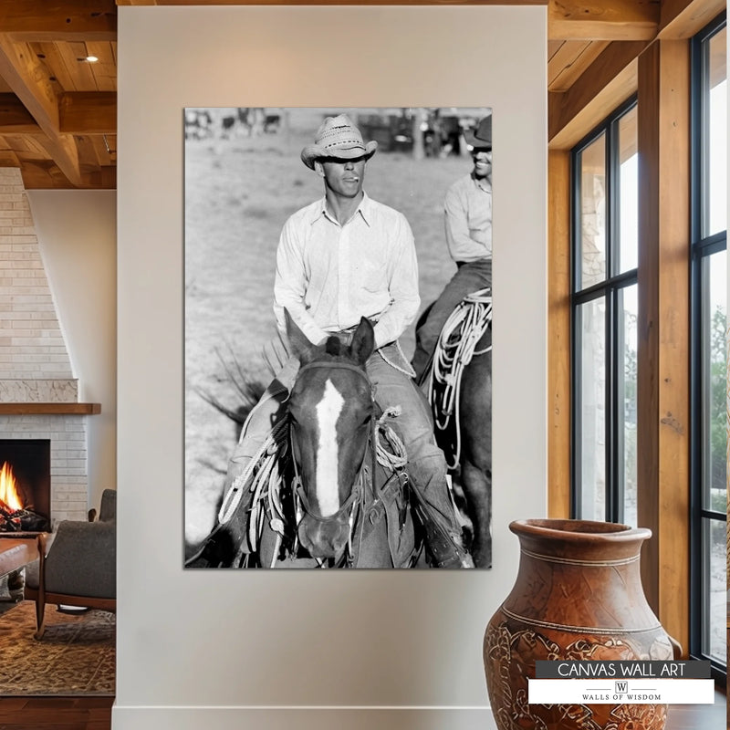 Vintage smoking cowboy on horseback canvas print, capturing the essence of classic rodeo culture.