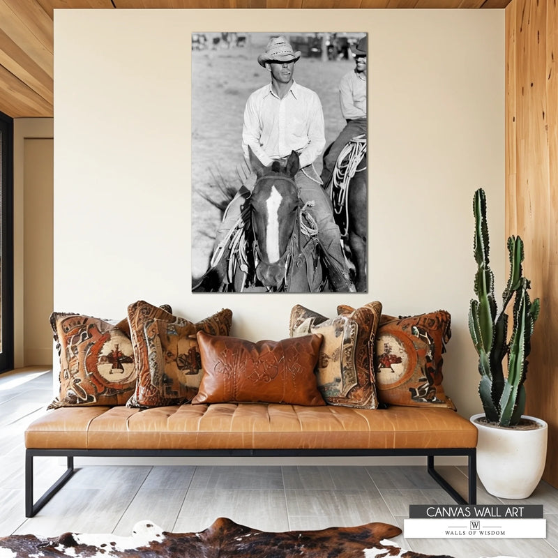 Black and white Western canvas art featuring a cowboy on a horse with a cigarette, ideal for rustic decor.