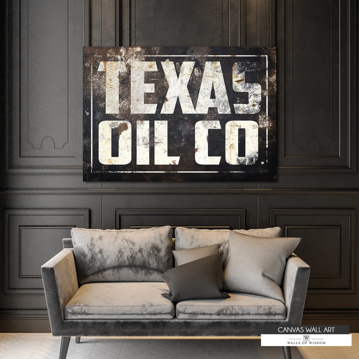 Vintage Texas Oil Co. canvas sign with distressed black metal-style background.
