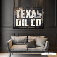 Vintage Texas Oil Co. canvas sign with distressed black metal-style background.
