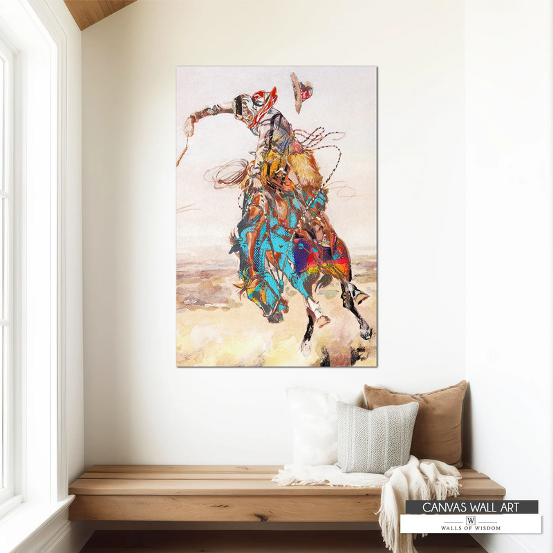 Modern Western rodeo canvas print with abstract brushstrokes and a striking color palette.