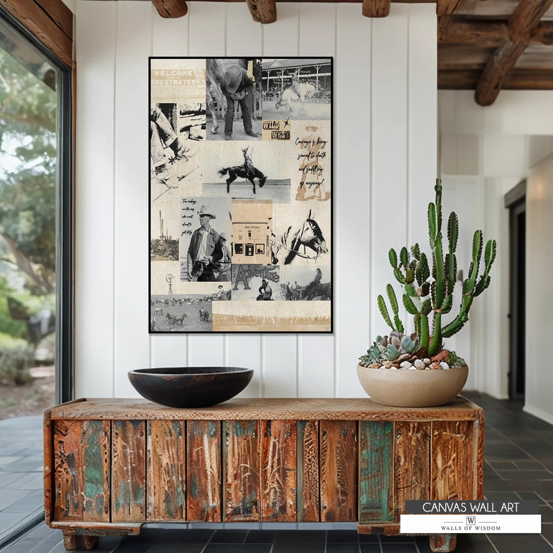 Authentic rodeo and cowboy lifestyle canvas print with bold typography and Western quotes.