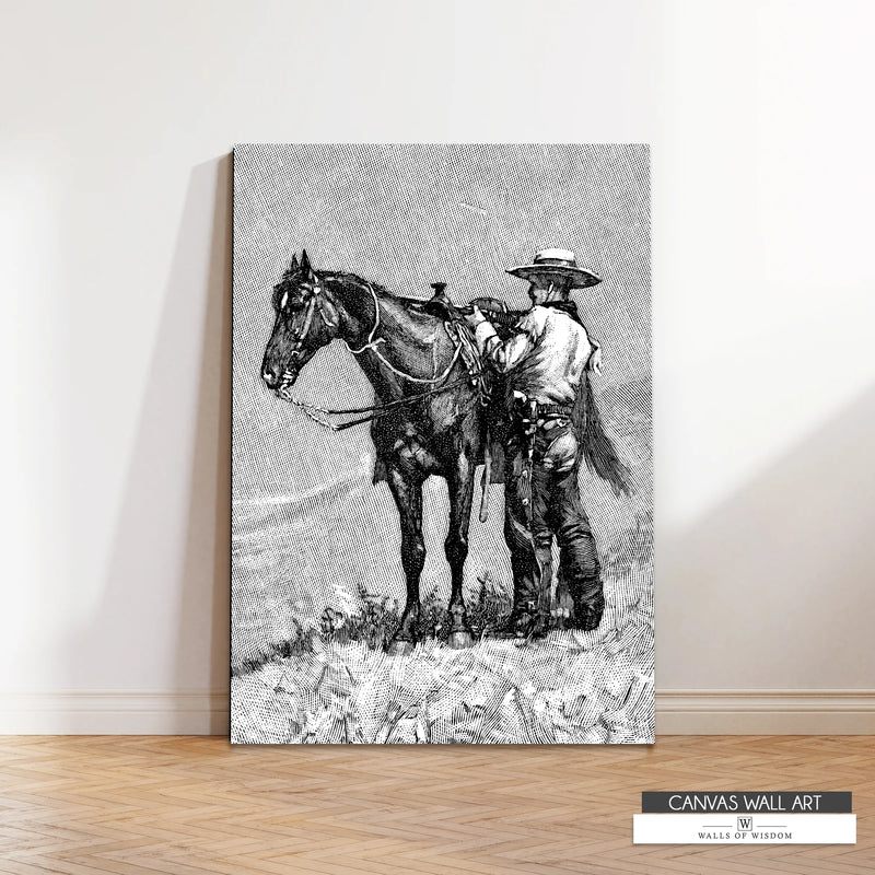 Historic cowboy and Native American engraving canvas art, perfect for ranch-style and Western decor.