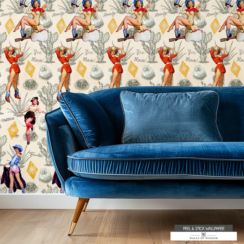 Retro Western wall mural with bold cowgirl and horseback riding imagery.