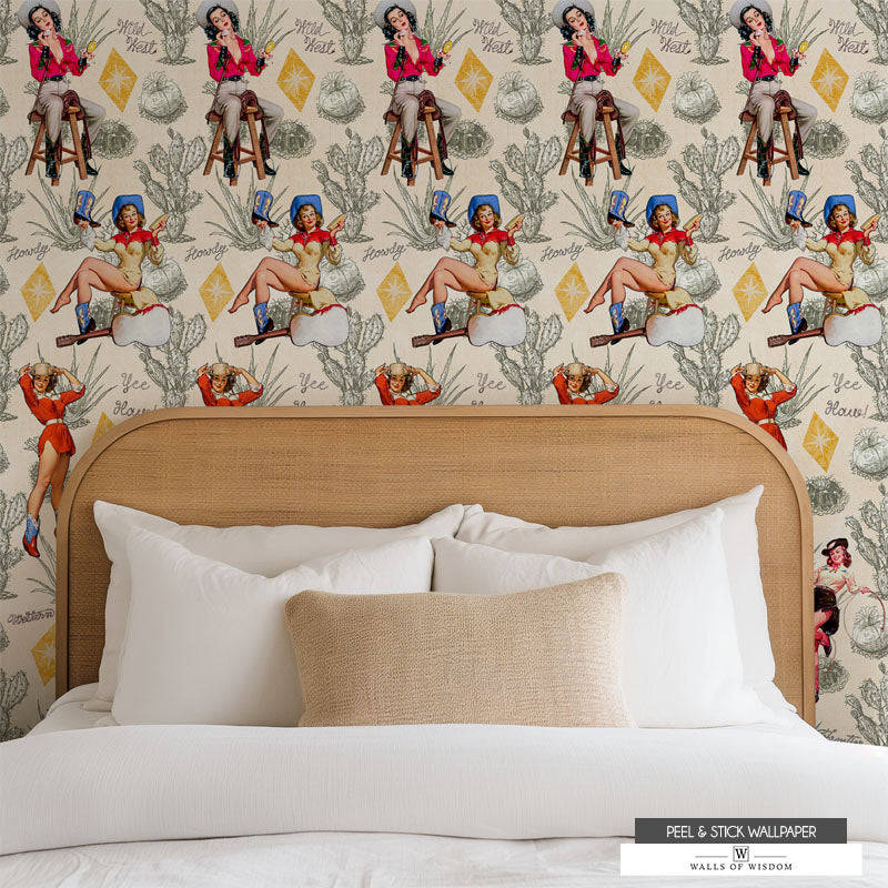 Removable Western-themed wallpaper featuring glamorous pinup cowgirls.