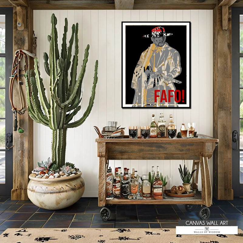 FAFO cowboy canvas print featuring modern pop art styling with bold red accents and a rugged bar Western aesthetic.