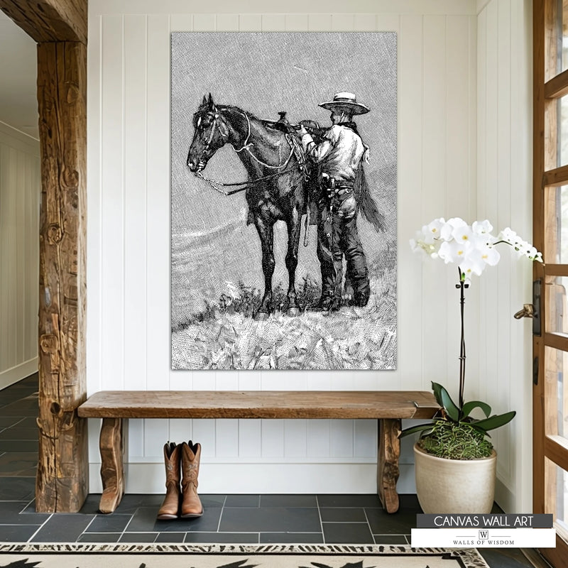 Large monochrome Western engraving canvas print, blending historical accuracy with classic frontier style.