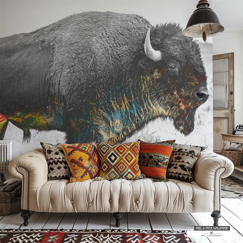 American Buffalo Wall Mural with Native American details in earth tones.