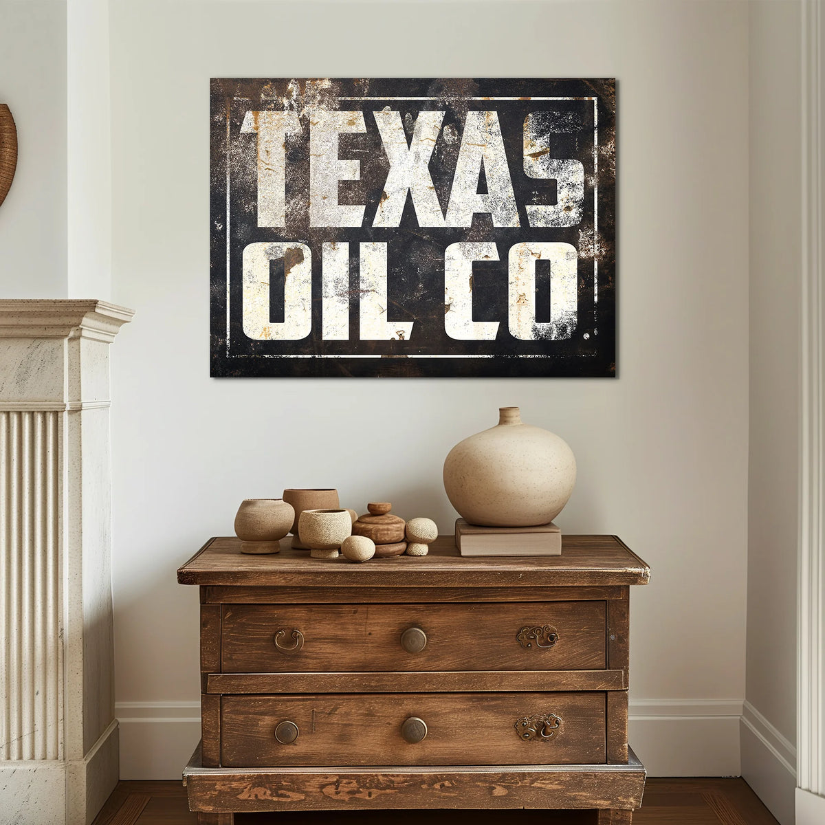 Retro oil industry sign with bold lettering and vintage metal texture.