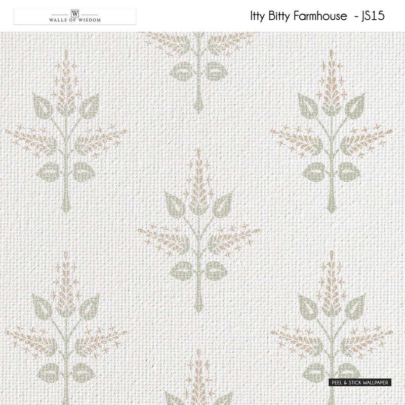 Rustic peelable wallpaper with wheat stalks in muted brown and green tones for farmhouse decor.