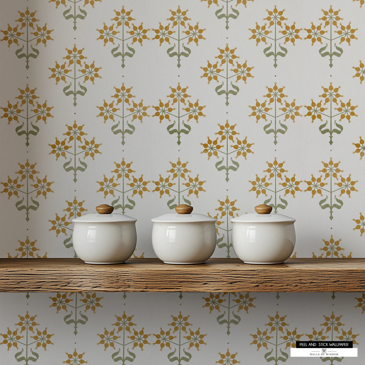 Country Floral Charm wallpaper with mustard yellow blooms and sage green stalks on a cream background.