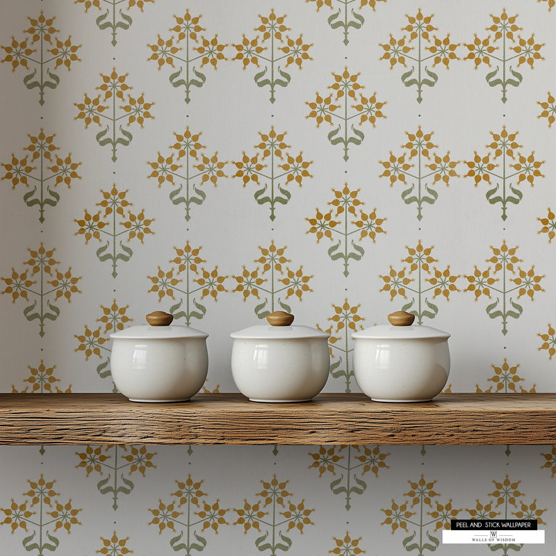 Country Floral Charm wallpaper with mustard yellow blooms and sage green stalks on a cream background.