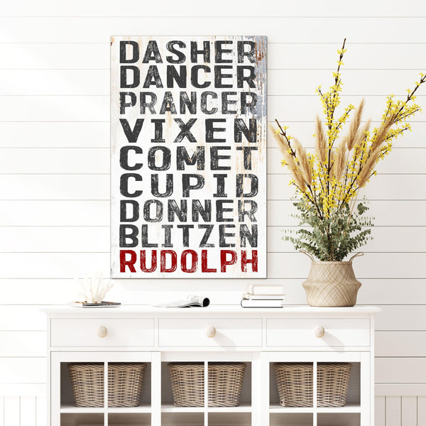 Festive Reindeer Names Canvas with White Metal Style Background