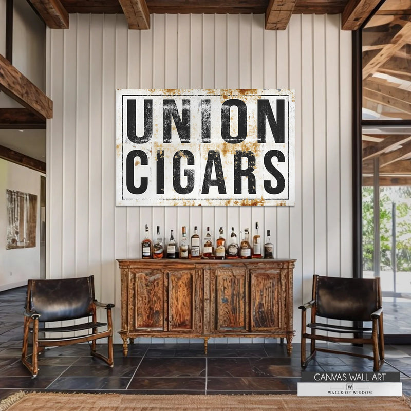 Bold Western bar wall art featuring an aged cigar lounge sign with old-school cowboy saloon vibes.