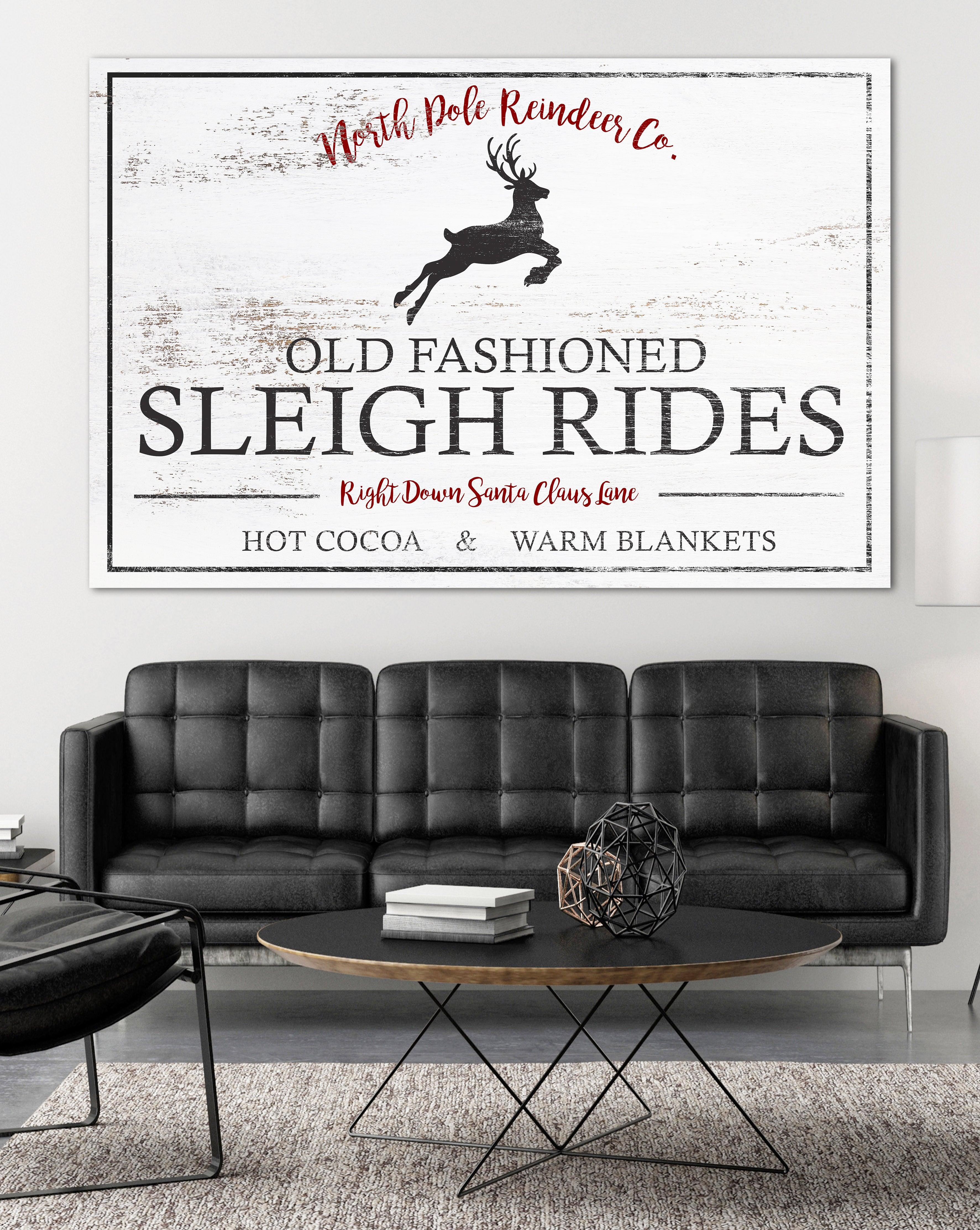 Sleigh Rides Sign Rustic Farmhouse Wall Decor Trees top For Sale Industrial Vintage Christmas Wall Art Modern Print Large Holiday Canvas Print